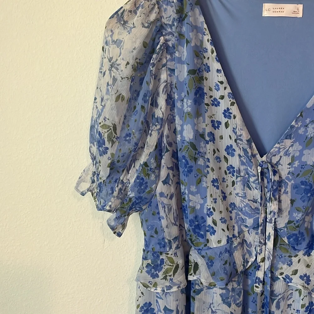 LC LAUREN CONRAD Blue Floral Short Sleeve Midi Dress - Picture 5 of 6